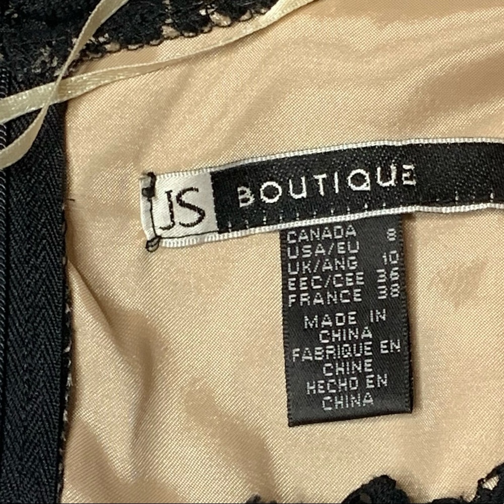 JS Boutique Beaded Floral Lace Black Overlay Tan Nude Illusion Top 8 Evening - Picture 9 of 14